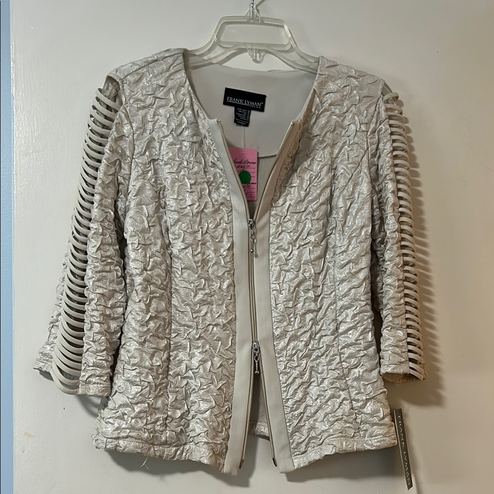 Frank Lyman Design Cream Jacket with Textured Pattern and Caged Sleeve Detailing